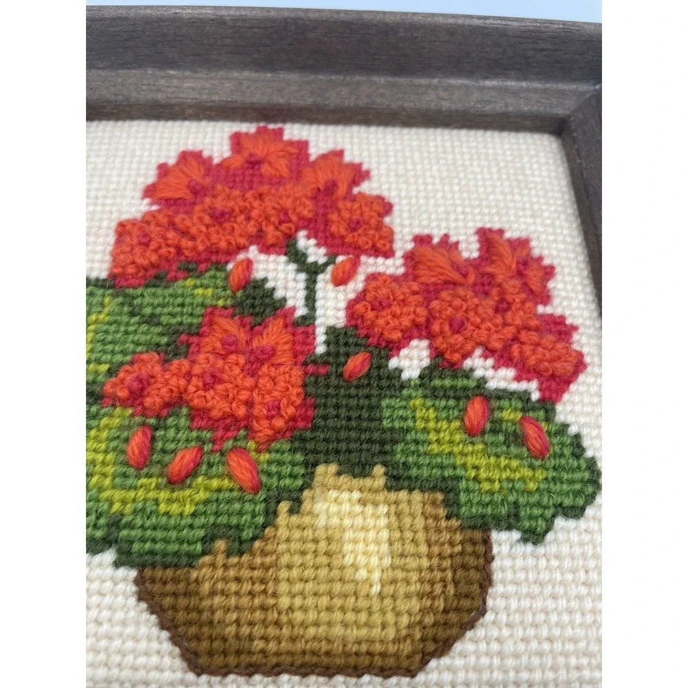 Vtg Floral Crewel Embroidery Framed Wall Art 6 x 6 Cottagecore Red Geraniums MCM